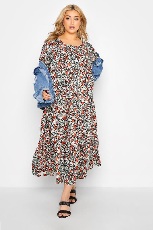 LIMITED COLLECTION Plus Size Black Ditsy Print Midaxi Smock Dress | Yours Clothing 1