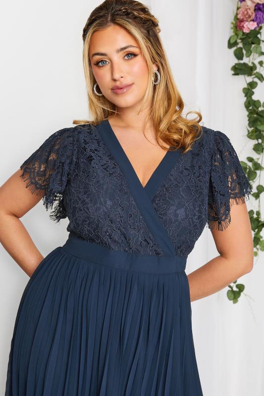 YOURS LONDON Curve Navy Blue Lace Wrap Pleated Midi Dress | Yours Clothing 4
