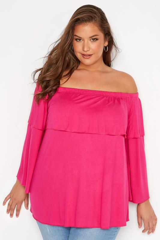 LIMITED COLLECTION Curve Hot Pink Frill Bardot Top_A.jpg
