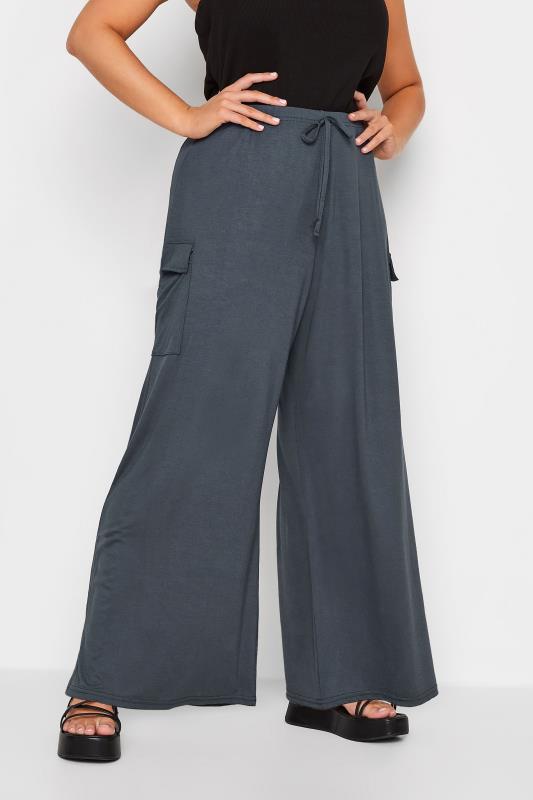 YOURS Curve Plus Size Charcoal Grey Wide Leg Cargo Trousers | Yours Clothing  1