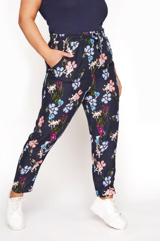 Plus Size  Navy Floral Tapered Trousers