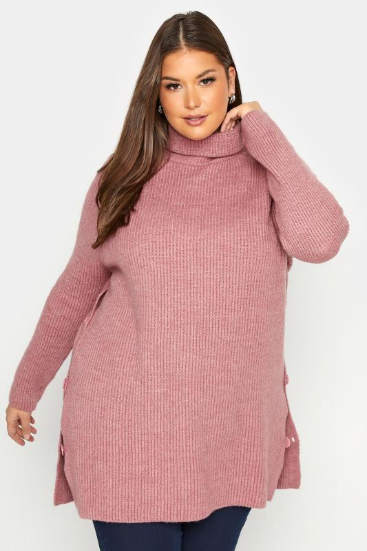 Plus Size  Pink Roll Neck Knitted Jumper
