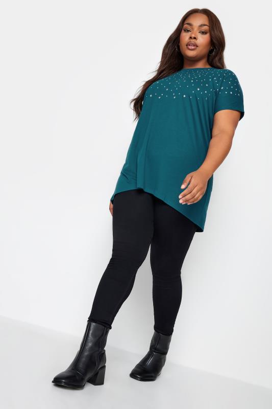 YOURS Plus Size Teal Blue Embellished Front T-Shirt | Yours Clothing 2
