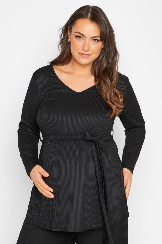  Tallas Grandes BUMP IT UP MATERNITY Curve Black Ribbed Tie Waist Lounge Top