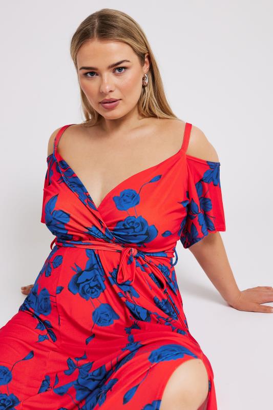 Plus Size  YOURS LONDON Curve Red & Blue Floral Bardot Maxi Dress