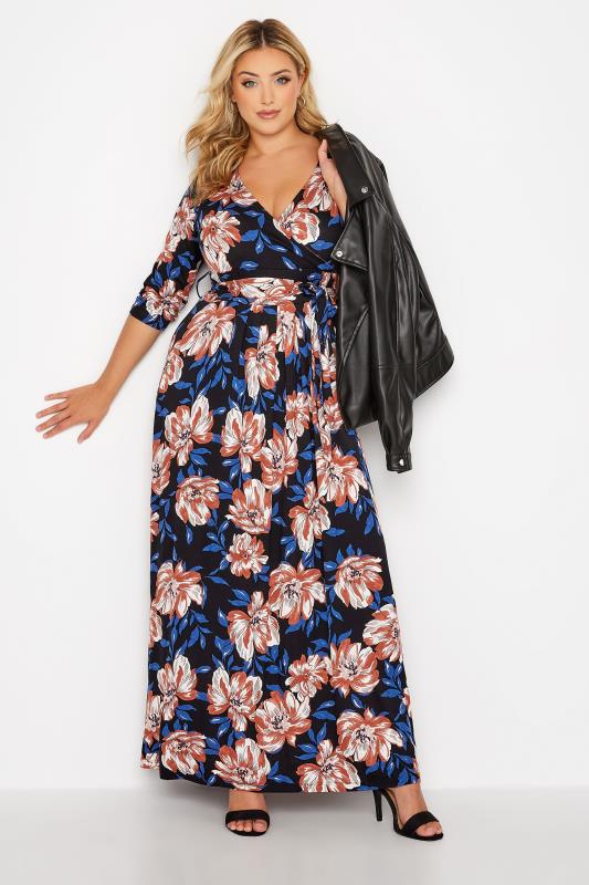 Plus Size Black & Blue Floral V-Neck Maxi Dress | Yours Clothing 1