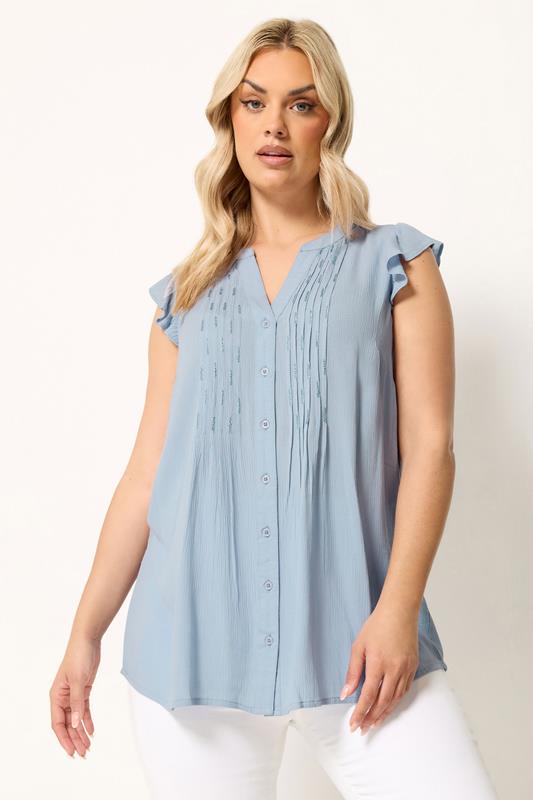 YOURS Plus Size Blue Sleeveless Pintuck Top | Yours Clothing 1