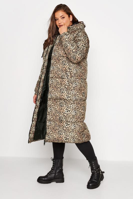  dla puszystych YOURS Curve Brown Leopard Print Hooded Puffer Maxi Coat