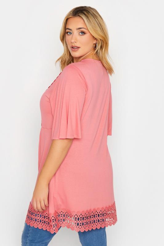 YOURS Plus Size Coral Pink Crochet Trim Peplum Tunic Top | Yours Clothing 4