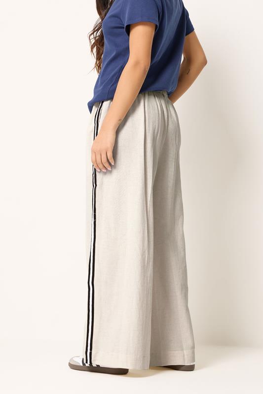 PixieGirl Petite Women's Natural Brown Side Stripe Linen Trousers | PixieGirl 2