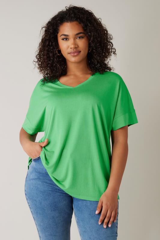 EVANS Plus Size Green V-Neck Modal Rich T-Shirt | Evans 1