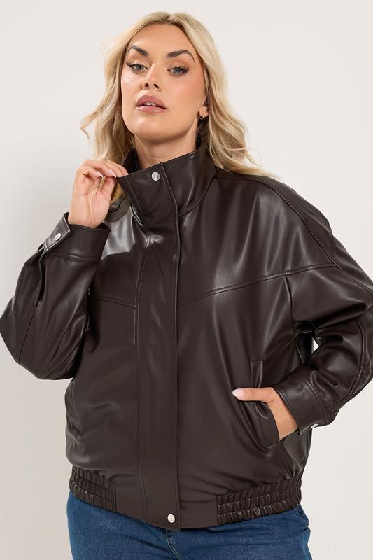 YOURS Plus Size Chocolate Brown Faux Leather Funnel Neck Jacket | Yours Clothing 1