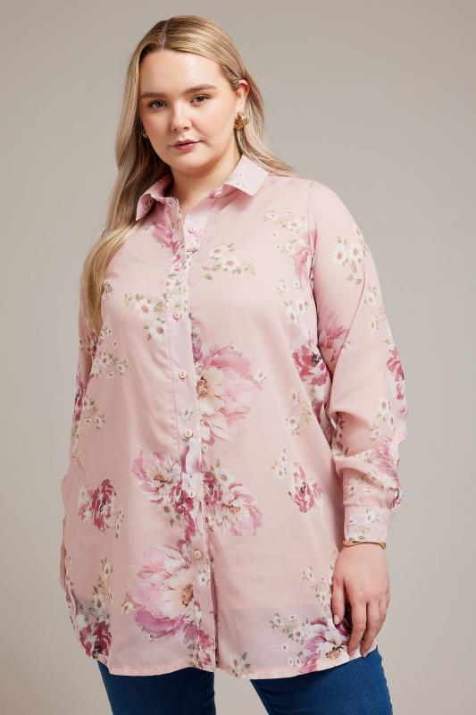 YOURS LONDON Plus Size Pink Floral Boyfriend Shirt | Yours Clothing 1