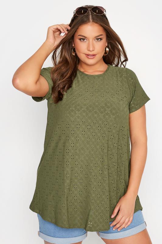  Tallas Grandes Curve Khaki Green Broderie Anglaise Swing T-Shirt