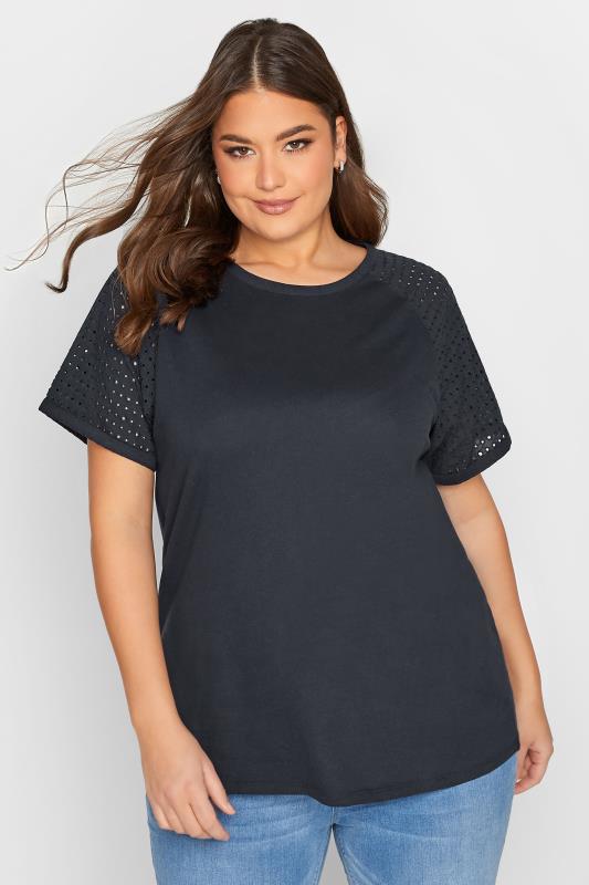 YOURS Plus Size Navy Blue Broderie Anglaise Raglan T-Shirt | Yours Clothing 1
