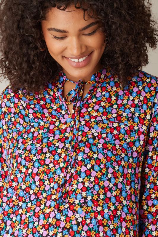 EVANS Plus Size Pink & Blue Floral Tie Neck Blouse | Evans 4