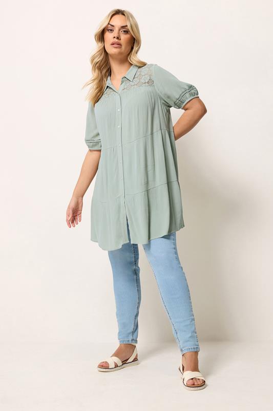 YOURS Plus Size Sage Green Tiered Shirt | Yours Clothing 1