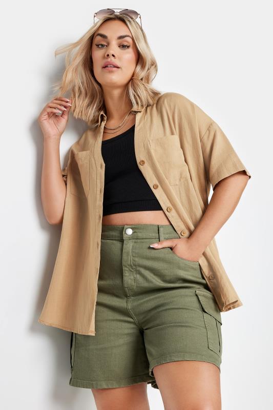 YOURS Plus Size Natural Brown Utility Linen Shirt | Yours Clothing 1