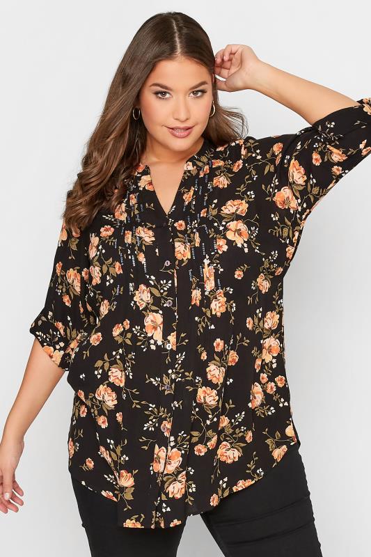 Plus Size  Curve Black Floral Print Sequin Embellished Pintuck Shirt
