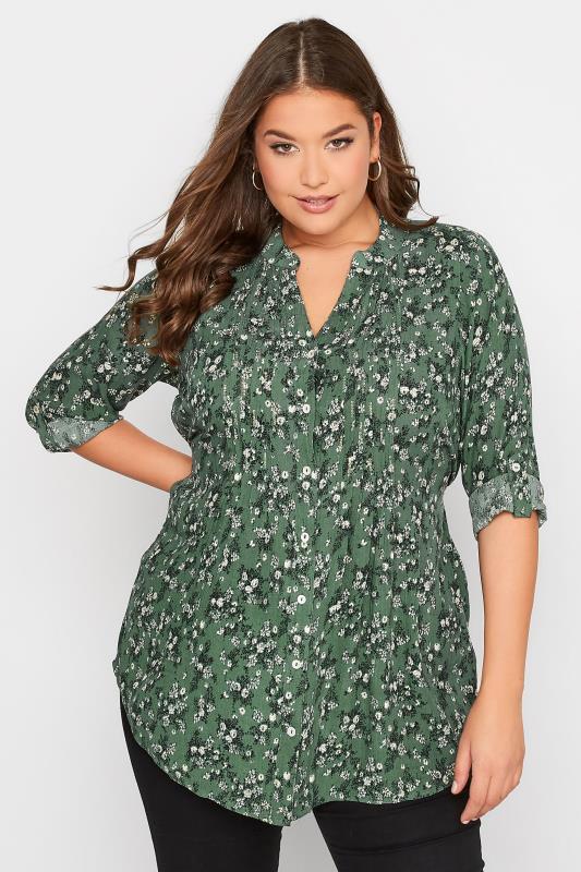 Plus Size Green Floral Print Sequin Embellished Pintuck Shirt | Yours Clothing 1