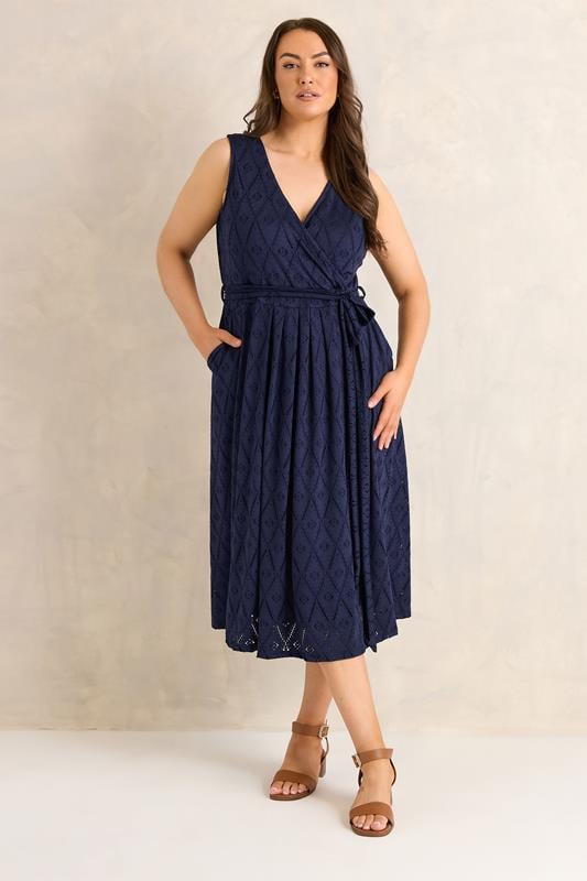 EVANS Plus Size Navy Blue Broderie Wrap Midi Dress | Evans 1