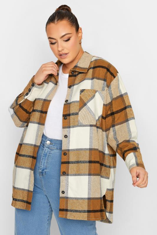 Plus Size  LIMITED COLLECTION Curve Beige Brown Check Print Shacket