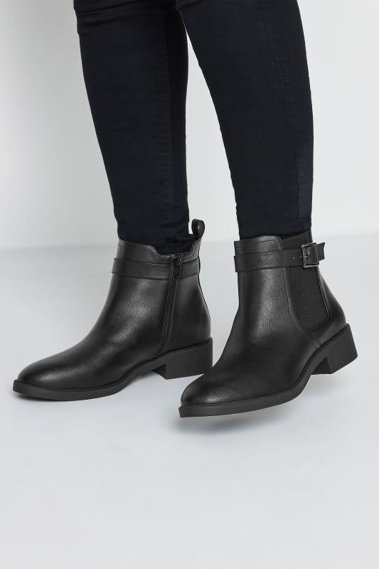 Black Buckle Faux Leather Ankle Boots In Wide E Fit & Extra Wide EEE Fit | Yours Clothing 1
