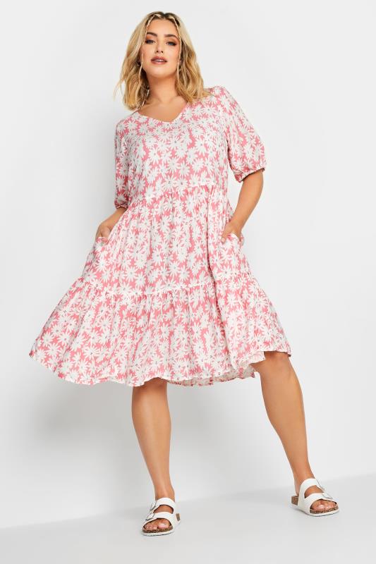 YOURS Plus Size Pink Floral Print Tiered Midi Dress | Yours Clothing 1