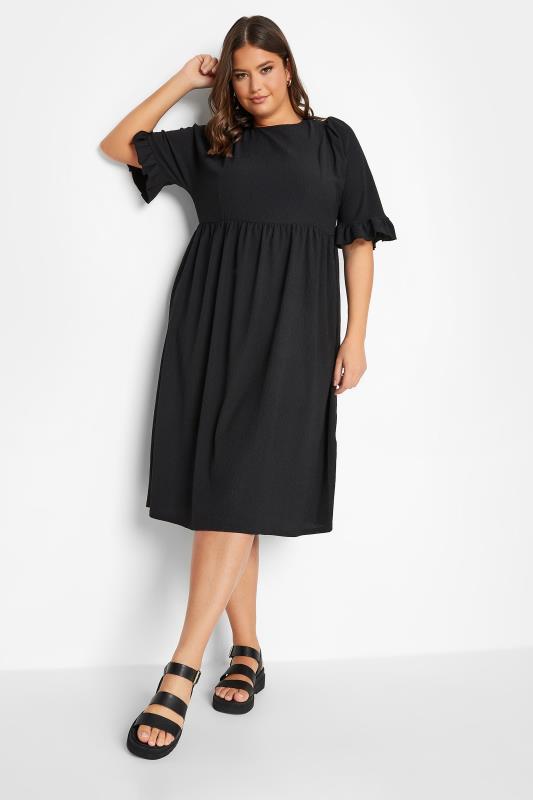 YOURS Plus Size Black Textured Smock Midi Dress | Yours Clothing 1