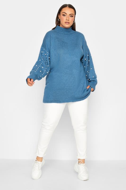 YOURS LUXURY Plus Size Blue Pearl Embellished Batwing Jumper | Yours Clothing 3