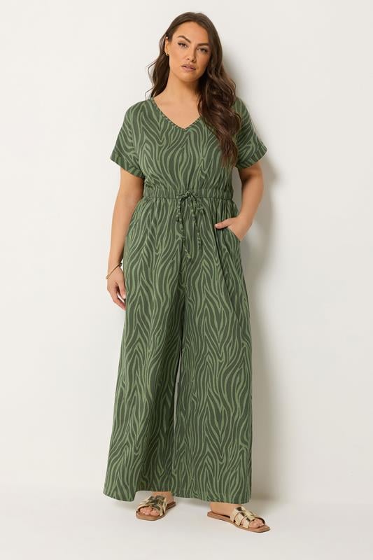  YOURS kakigroene katoenen jumpsuit met zebraprint