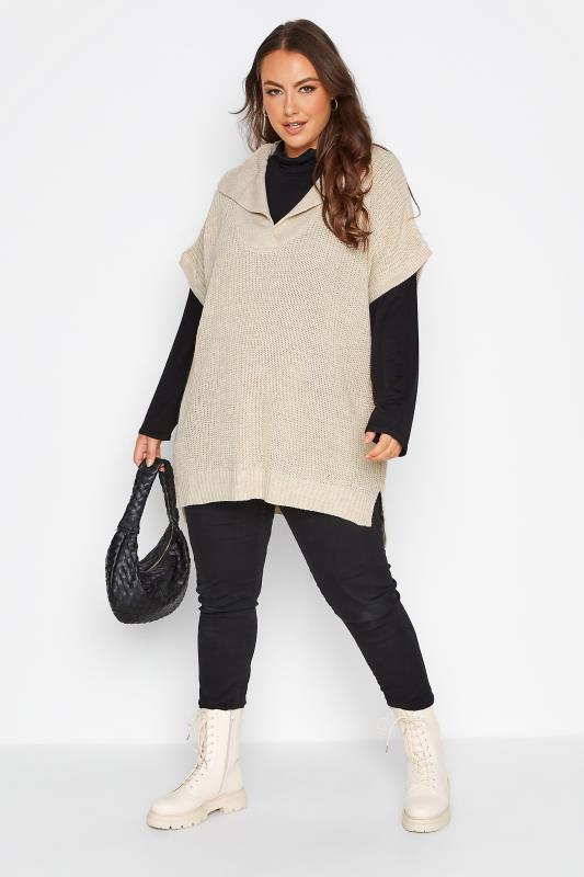 Plus Size Curve Cream Open Collar Knitted Vest | Yours Clothing 2