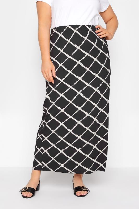 Plus Size  YOURS Curve Black Diamond Check Stretch Maxi Skirt