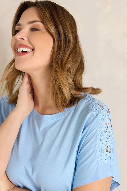 EVANS Plus Size Light Blue Crochet Shoulder Modal T-Shirt | Evans  5