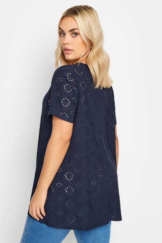YOURS Plus Size Navy Blue Broderie Anglaise T-Shirt | Yours Clothing 3