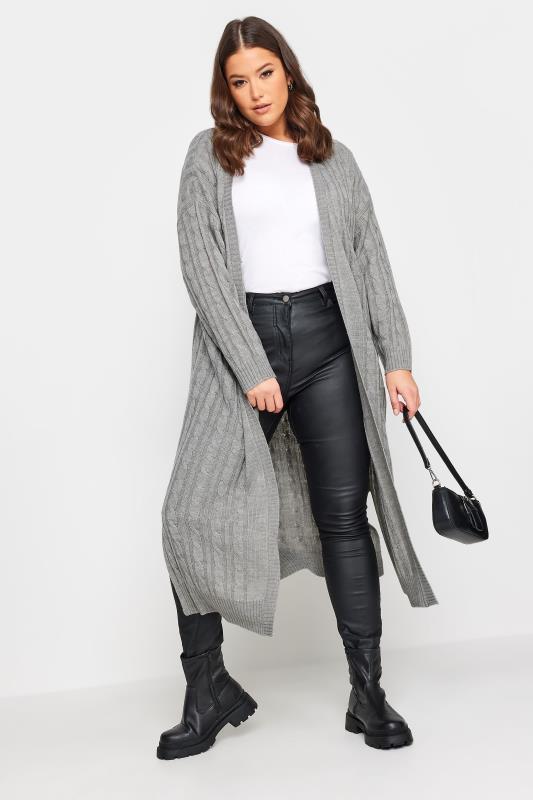 YOURS Plus Size Grey Cable Knit Maxi Cardigan | Yours Clothing 1