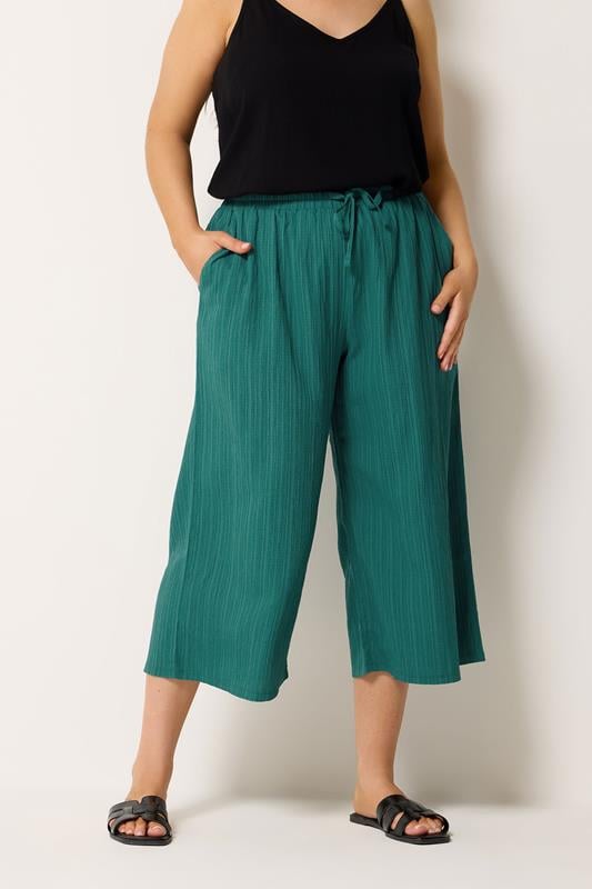 YOURS Plus Size Teal Textured Crop Trousers | Yours Clothing 1