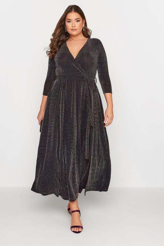 YOURS LONDON Plus Size Black Glitter Wrap Dress | Yours Clothing 2