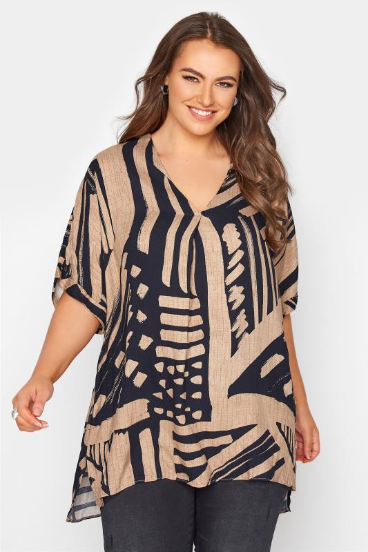 Plus Size Mocha Brown Abstract V-Neck Pleated Front Shirt | Yours Clothing 1