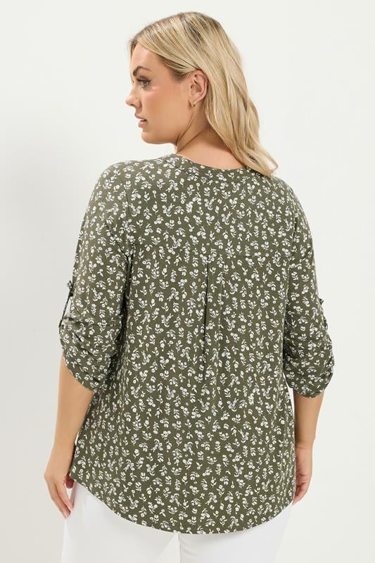 YOURS Plus Size Khaki Green Ditsy Floral Top | Yours Clothing 2