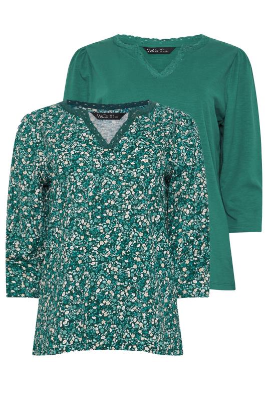 M&Co 2 PACK Teal Blue Floral Print & Plain Lace Trim Cotton T-Shirts | M&Co 7
