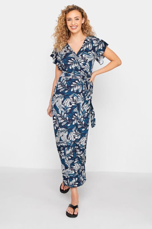LTS Tall Navy Blue Tropical Print Tiered Midaxi Dress 1