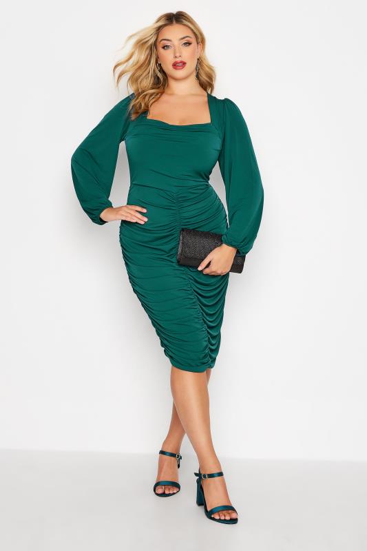 YOURS LONDON Plus Size Green Cowl Neck Ruched Bodycon Dress | Yours Clothing 1