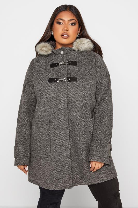 Plus Size  Grey Faux Fur Trim Duffle Coat