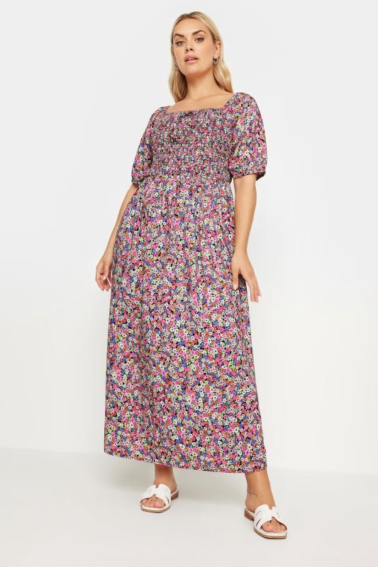 YOURS Plus Size Pink Ditsy Floral Print Shirred Maxi Dress | Yours Clothing 1