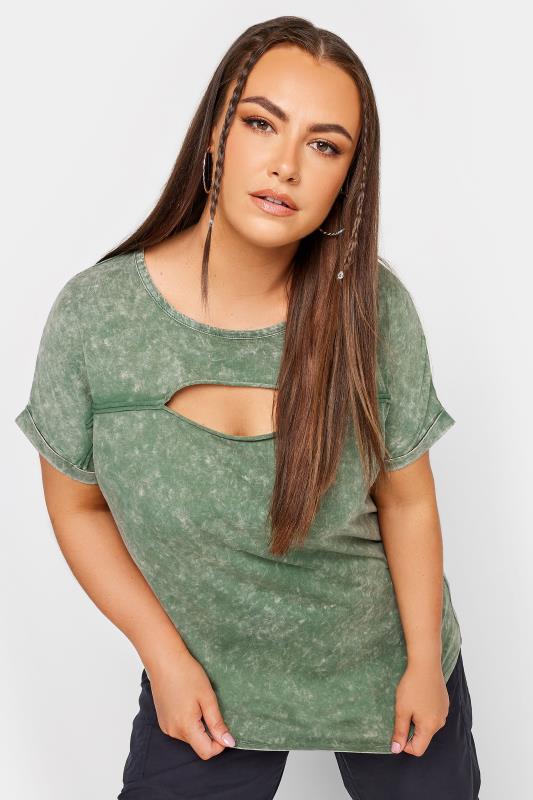 YOURS Plus Size Curve Khaki Green Acid Wash Cut Out T-Shirt | Yours Clothing  1
