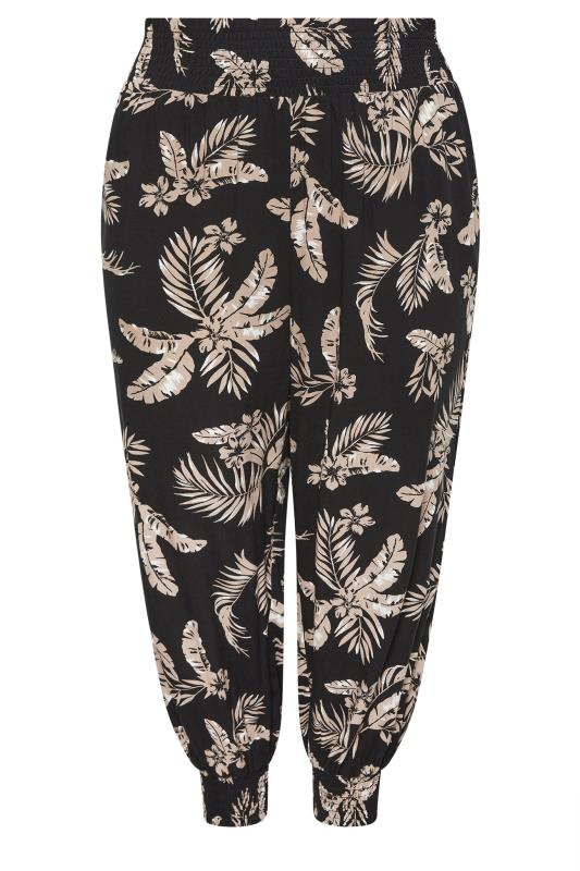 YOURS Plus Size Black Leaf Print Shirred Harem Trousers | Yours Clothing 5