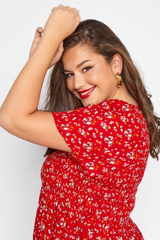 LIMITED COLLECTION Plus Size Red Floral Shirred Crinkle Smock Top | Yours Clothing 4