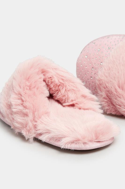 Pink Diamante Faux Fur Slippers In Wide E Fit | Yours Clothing 4