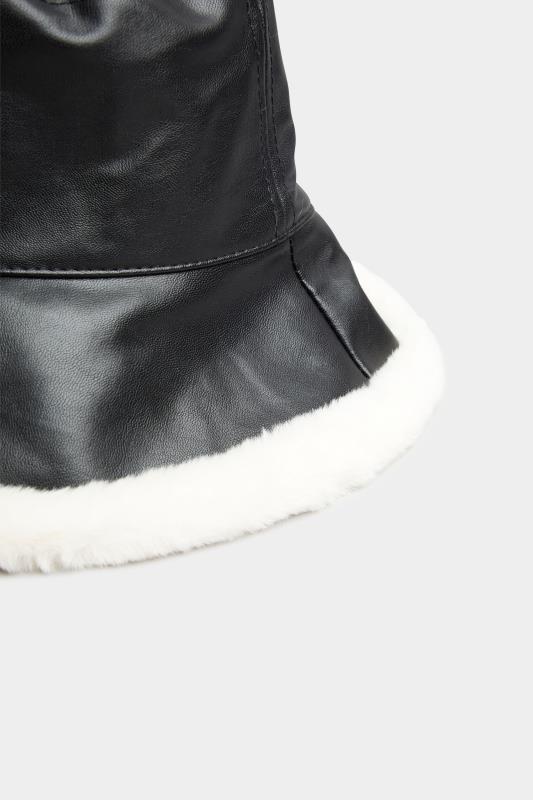Plus Size Black Faux Leather Fur Trim Bucket Hat | Yours Clothing 3